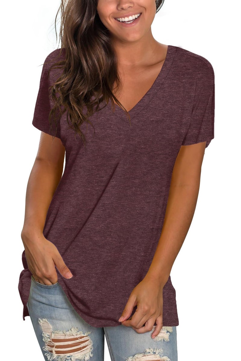 Sipaya Summer Tops for Women V Neck Short Sleeve T Shirts Basic Comfortable Blouses Brick Red S - Image 1